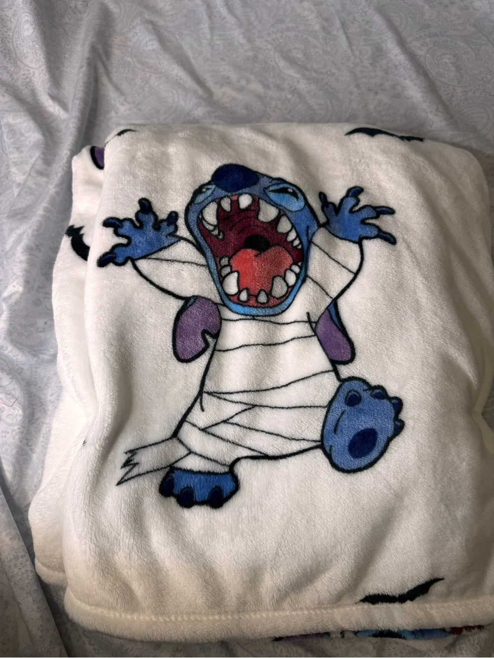 Disney White Plush Halloween Throw with Stitch as a Mummy